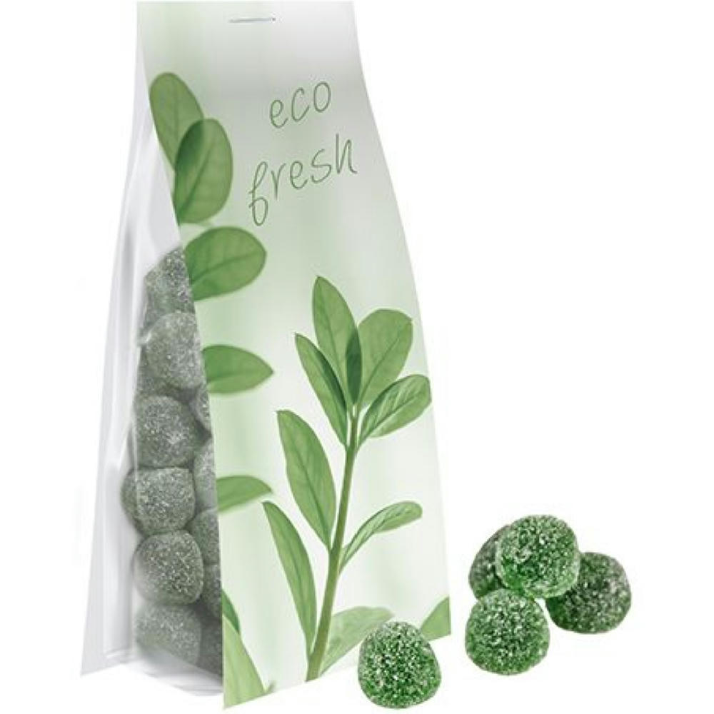 Eukalyptus Menthol Fruchtgummi mit Gelatine, ca. 40g, Express Blockbodenbeutel mit Werbereiter