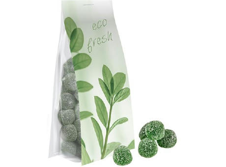 Eukalyptus Menthol Fruchtgummi mit Gelatine, ca. 40g, Express Blockbodenbeutel mit Werbereiter