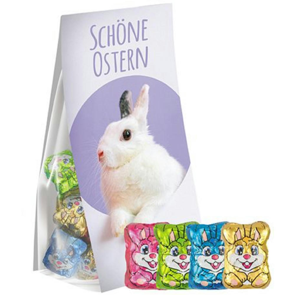 Schoko-Hasen Mix, ca. 36g, Express Blockbodenbeutel mit Werbereiter