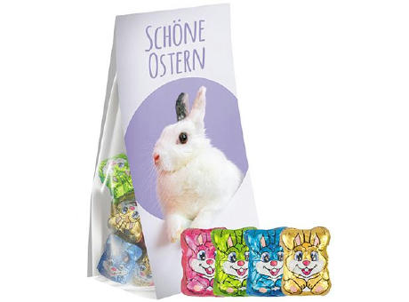 Schoko-Hasen Mix, ca. 36g, Express Blockbodenbeutel mit Werbereiter