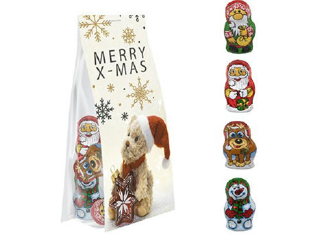 Schoko-Weihnachts Mix, ca. 40g, Express Blockbodenbeutel mit Werbereiter