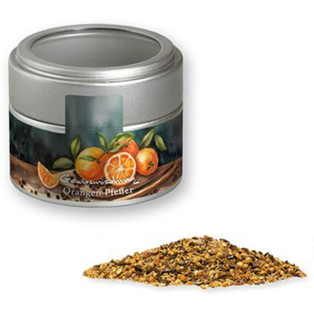 Gewürzmischung Orangen-Pfeffer, ca. 55g, Metalldose Mini mit Sichtfenster silber