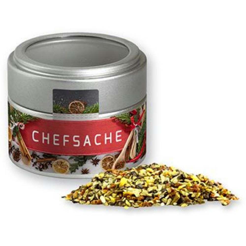 Weihnachts Gewürzmischung Chefsache, ca. 50g, Metalldose Mini mit Sichtfenster silber