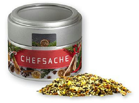 Weihnachts Gewürzmischung Chefsache, ca. 50g, Metalldose Mini mit Sichtfenster silber