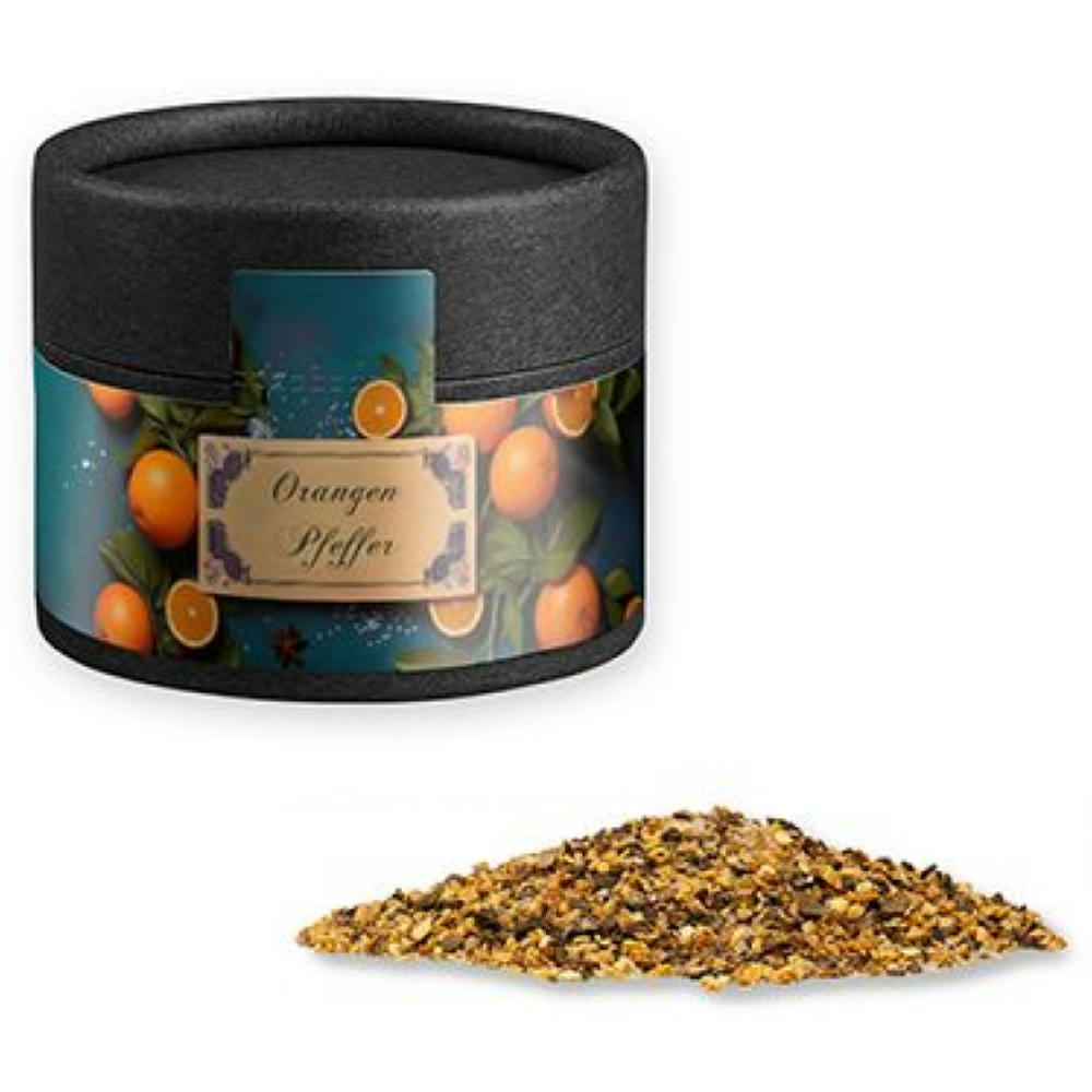 Gewürzmischung Orangen-Pfeffer, ca. 40g, Kraftpapierdose Mini schwarz