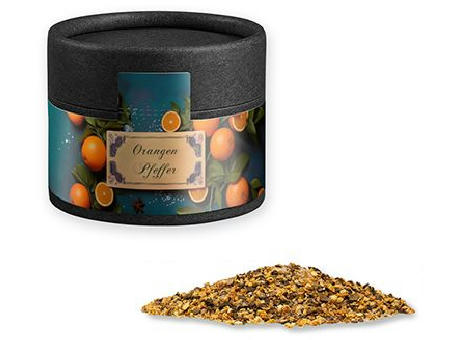 Gewürzmischung Orangen-Pfeffer, ca. 40g, Kraftpapierdose Mini schwarz