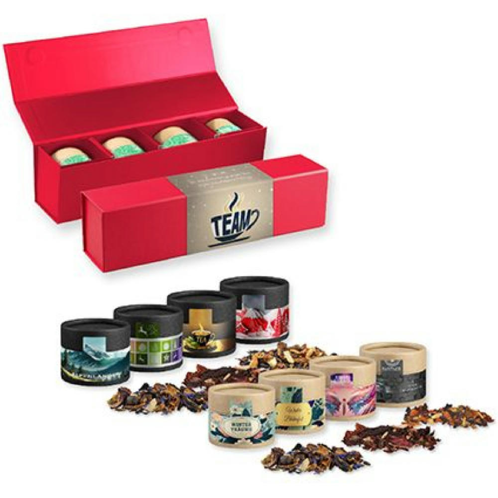 Verschiedene Weihnachts Teesorten, , ca. 80-120g, Geschenk-Set Premium rot mit Magnetverschluss und 4 Kraftpapierdosen Mini