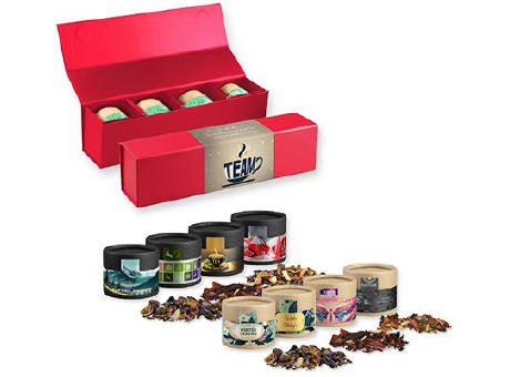 Verschiedene Weihnachts Teesorten, , ca. 80-120g, Geschenk-Set Premium rot mit Magnetverschluss und 4 Kraftpapierdosen Mini