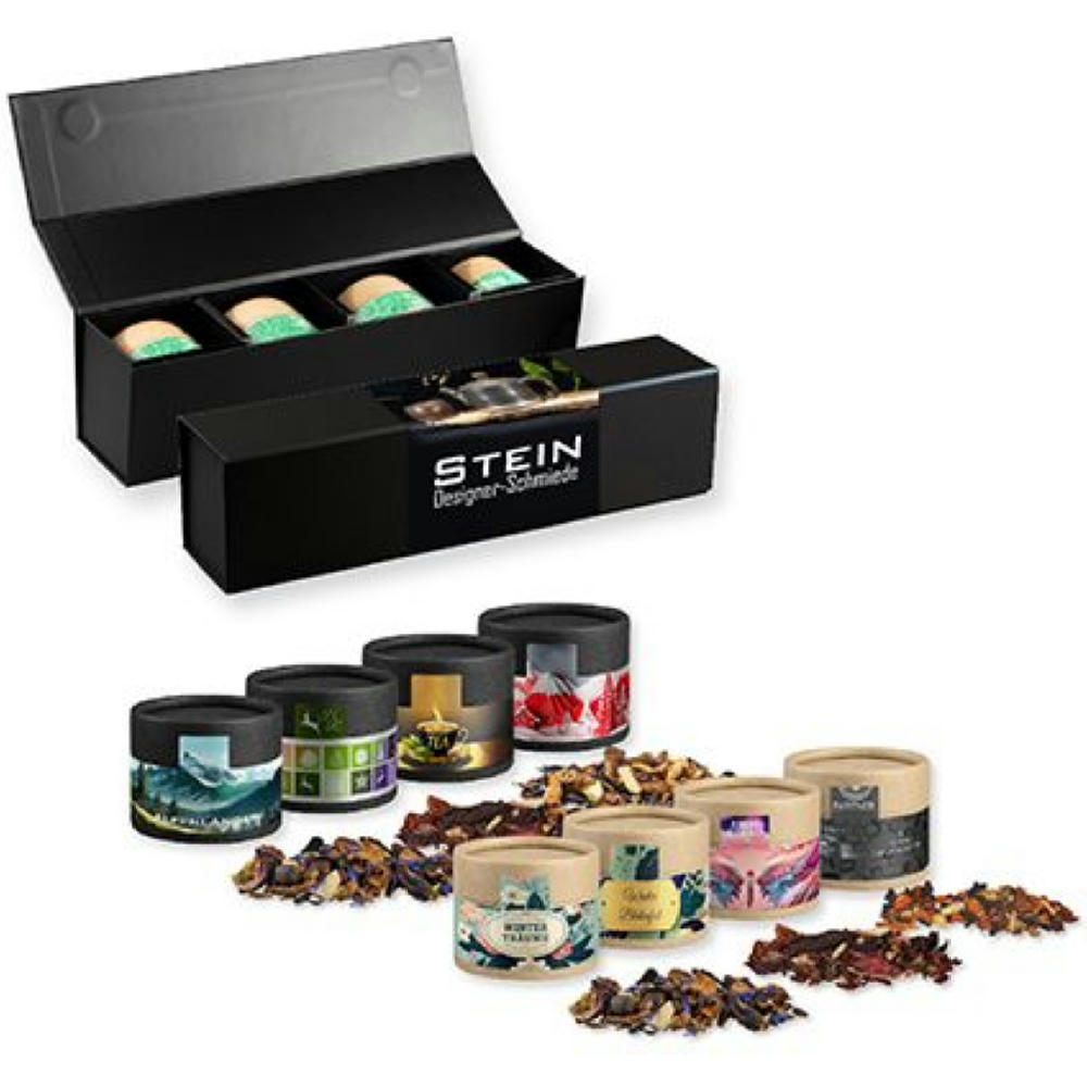 Verschiedene Weihnachts Teesorten, , ca. 80-120g, Geschenk-Set Premium schwarz mit Magnetverschluss und 4 Kraftpapierdosen Mini