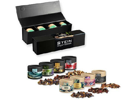 Verschiedene Weihnachts Teesorten, , ca. 80-120g, Geschenk-Set Premium schwarz mit Magnetverschluss und 4 Kraftpapierdosen Mini