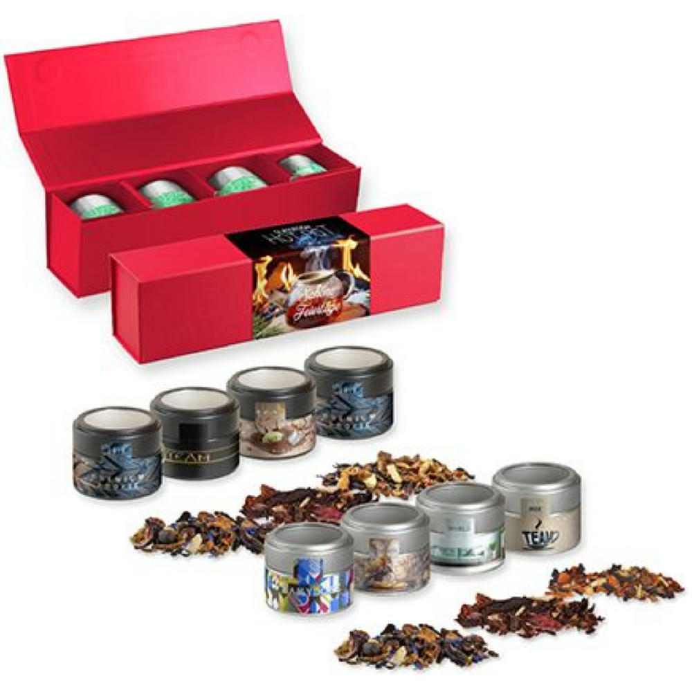 Verschiedene Weihnachts Teesorten, , ca. 120-140g, Geschenk-Set Premium rot mit Magnetverschluss und 4 Metalldosen Mini mit Sichtfenste