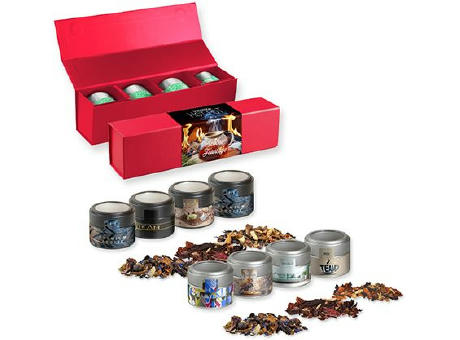 Verschiedene Weihnachts Teesorten, , ca. 120-140g, Geschenk-Set Premium rot mit Magnetverschluss und 4 Metalldosen Mini mit Sichtfenste