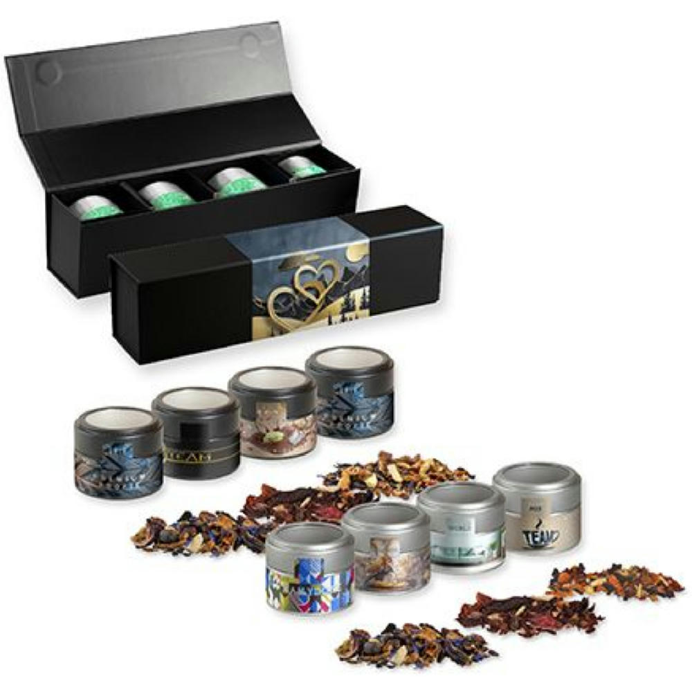 Verschiedene Weihnachts Teesorten, , ca. 120-140g, Geschenk-Set Premium schwarz mit Magnetverschluss und 4 Metalldosen Mini mit Sichtfenster