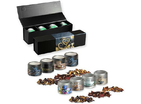 Verschiedene Weihnachts Teesorten, , ca. 120-140g, Geschenk-Set Premium schwarz mit Magnetverschluss und 4 Metalldosen Mini mit Sichtfenster