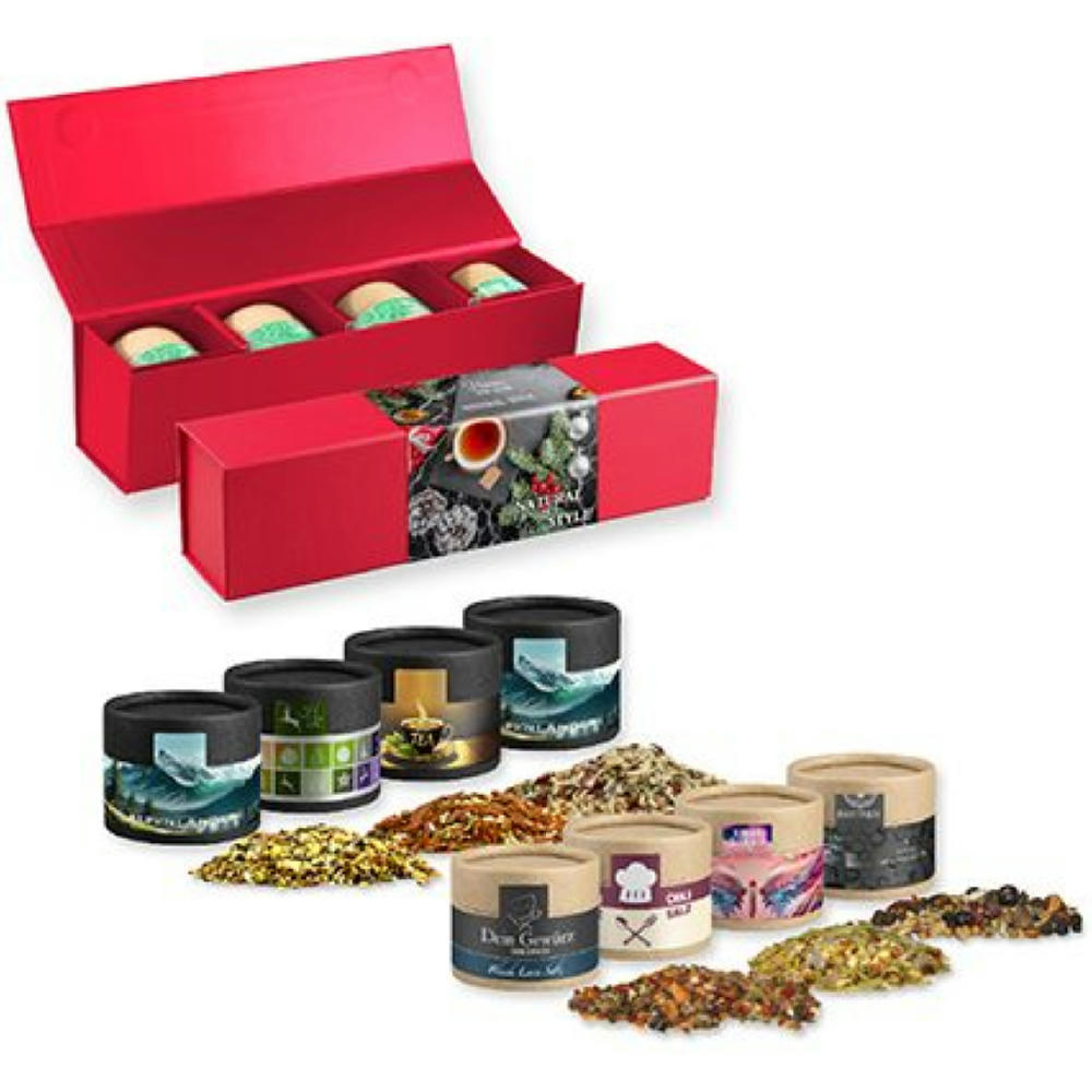 Verschiedene Weihnachts Gewürzmischungen, ca. 80-160g, Geschenk-Set Premium rot mit Magnetverschluss und 4 Kraftpapierdosen Mini