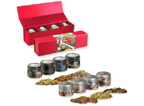 Verschiedene Weihnachts Gewürzmischungen, ca. 120-140g, Geschenk-Set Premium rot mit Magnetverschluss und 4 Metalldosen Mini mit Sichtfenste