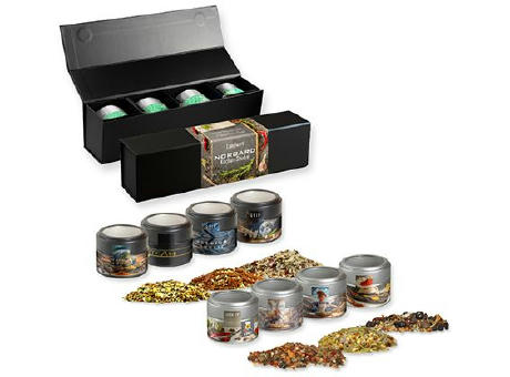 Verschiedene Weihnachts Gewürzmischungen, ca. 120-140g, Geschenk-Set Premium schwarz mit Magnetverschluss und 4 Metalldosen Mini mit Sichtfenster