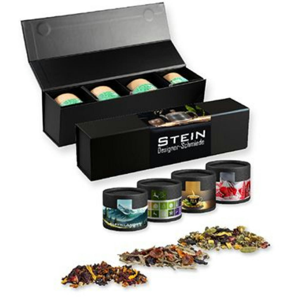 Verschiedene Teesorten, , ca. 60-140g, Geschenk-Set Premium schwarz mit Magnetverschluss und 4 Kraftpapierdosen Mini