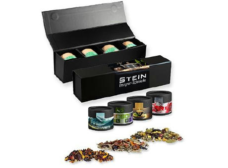 Verschiedene Teesorten, , ca. 60-140g, Geschenk-Set Premium schwarz mit Magnetverschluss und 4 Kraftpapierdosen Mini