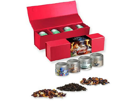 Verschiedene Teesorten, , ca. 60-140g, Geschenk-Set Premium rot mit Magnetverschluss und 4 Metalldosen Mini mit Sichtfenste