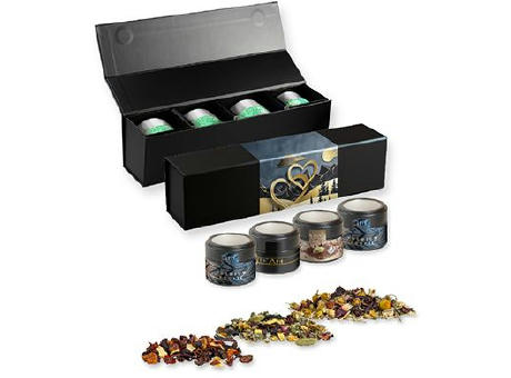 Verschiedene Teesorten, , ca. 60-140g, Geschenk-Set Premium schwarz mit Magnetverschluss und 4 Metalldosen Mini mit Sichtfenster