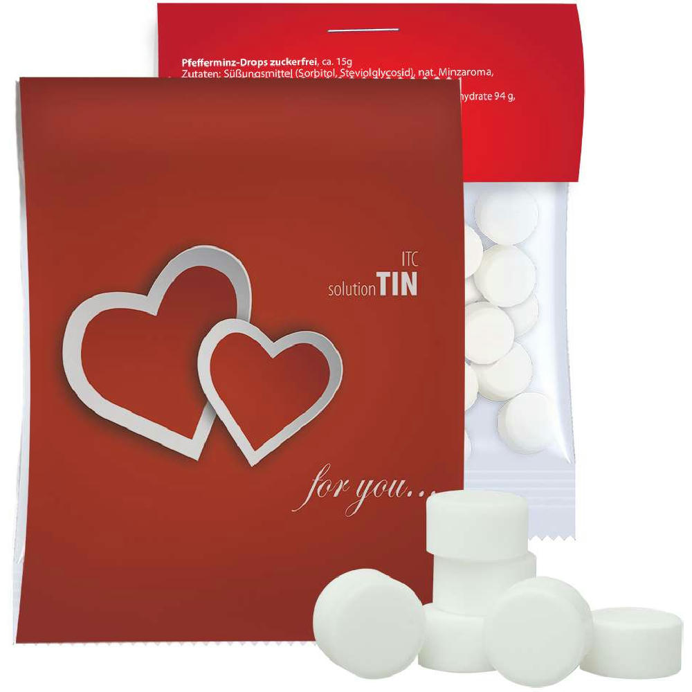 Pfefferminz Drops zuckerfrei, ca. 15g, Express Midi-Tüte mit Werbereiter