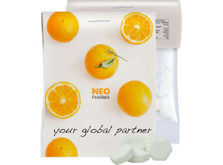 Traubenzucker Orange Drops, ca. 15g, Express Midi-Tüte mit Werbereiter
