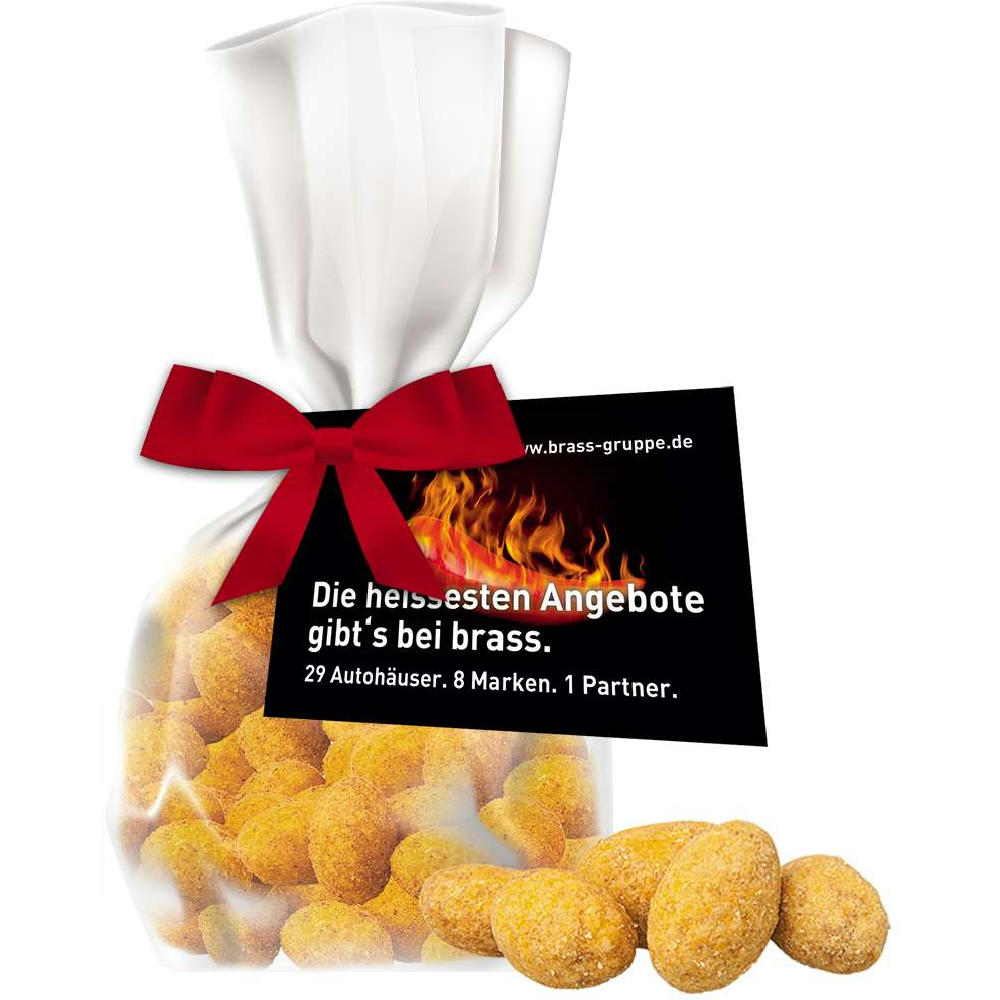 Erdnüsse Barbecue, ca. 25g, Express Flachbeutel mit Schleife mit Werbekarte