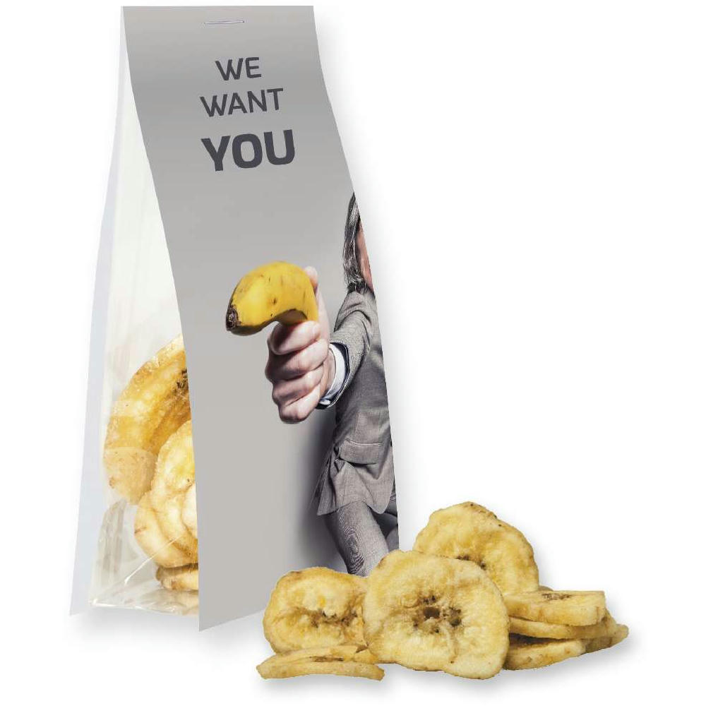 Bananenchips, ca. 25g, Express Blockbodenbeutel mit Werbereiter