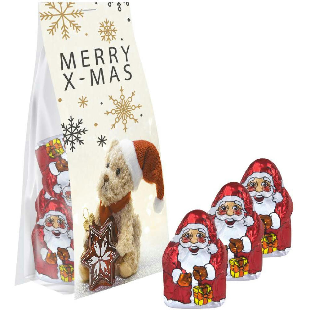 Mini Schoko-Weihnachtsmänner, ca. 40g, Express Blockbodenbeutel mit Werbereiter