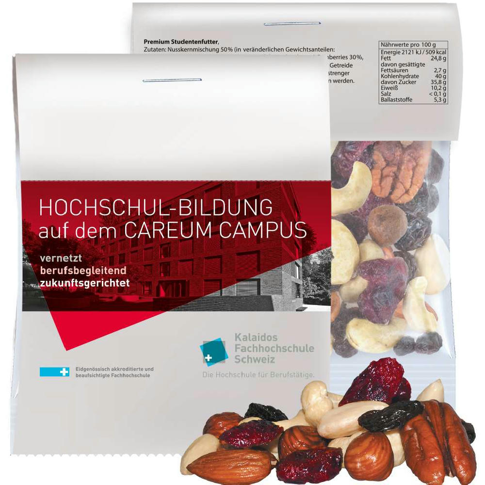 Premium Studentenfutter, ca. 15g, Express Midi-Tüte mit Werbereiter