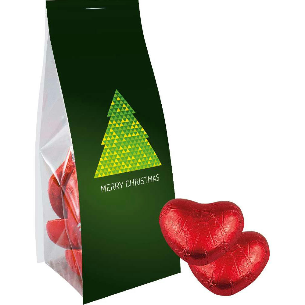 Schoko-Herzen, ca. 36g, Express Blockbodenbeutel mit Werbereiter
