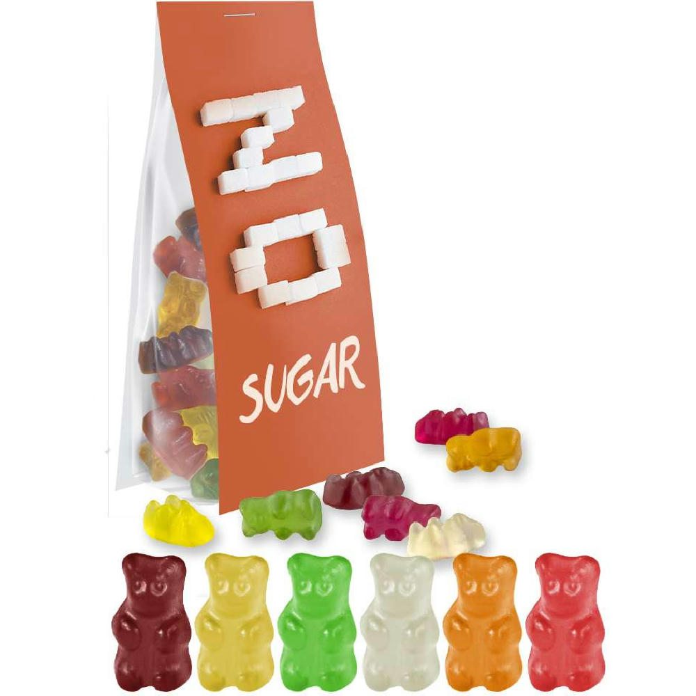 Gummibärchen zuckerfrei, ca. 40g, Express Blockbodenbeutel mit Werbereiter