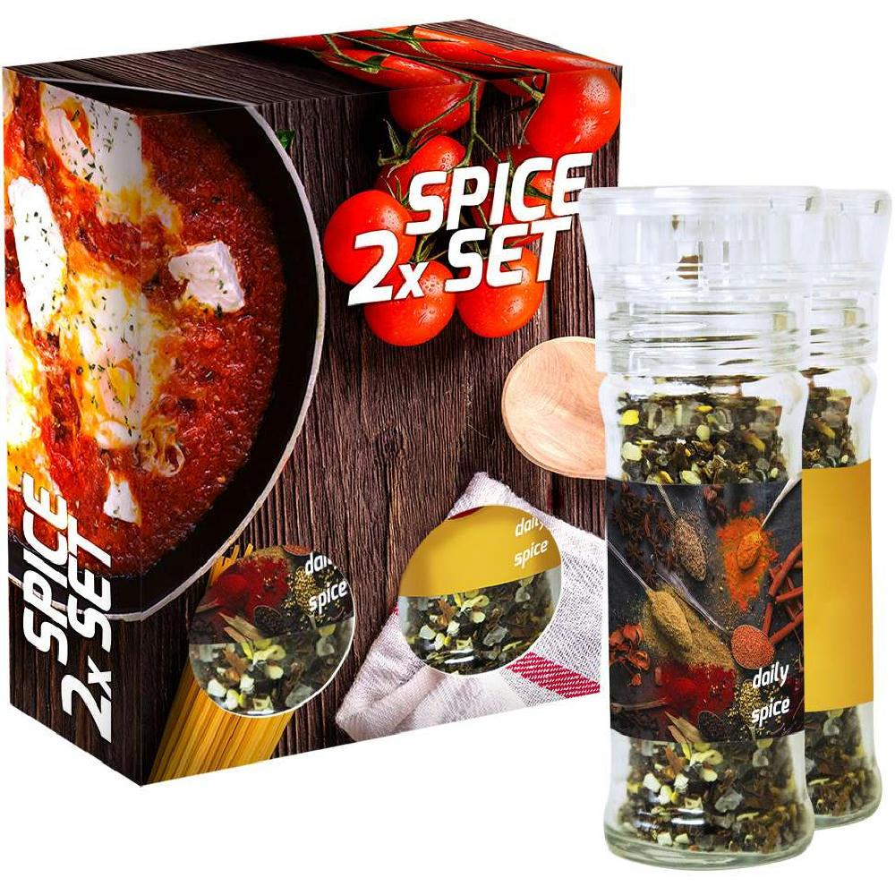 verschiedene Gewürzmischungen (Kategorie 2), 70-160g, 2er Set Glas mit Kunststoffmahlwerk in Faltschachtel
