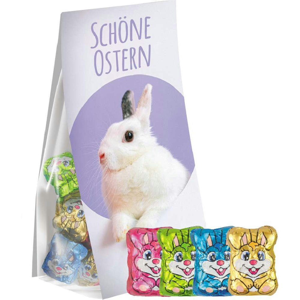 Schoko-Hasen Mix, ca. 36g, Express Blockbodenbeutel mit Werbereiter