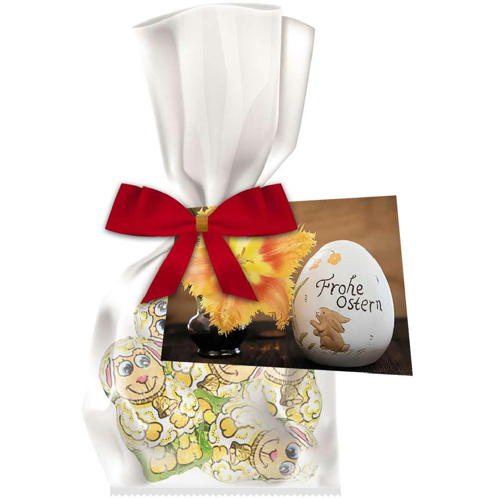 Schoko-Lamm, ca. 24g, Express Flachbeutel mit Schleife mit Werbekarte