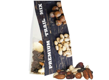 Premium Studentenfutter, ca. 40g, Express Blockbodenbeutel mit Werbereiter