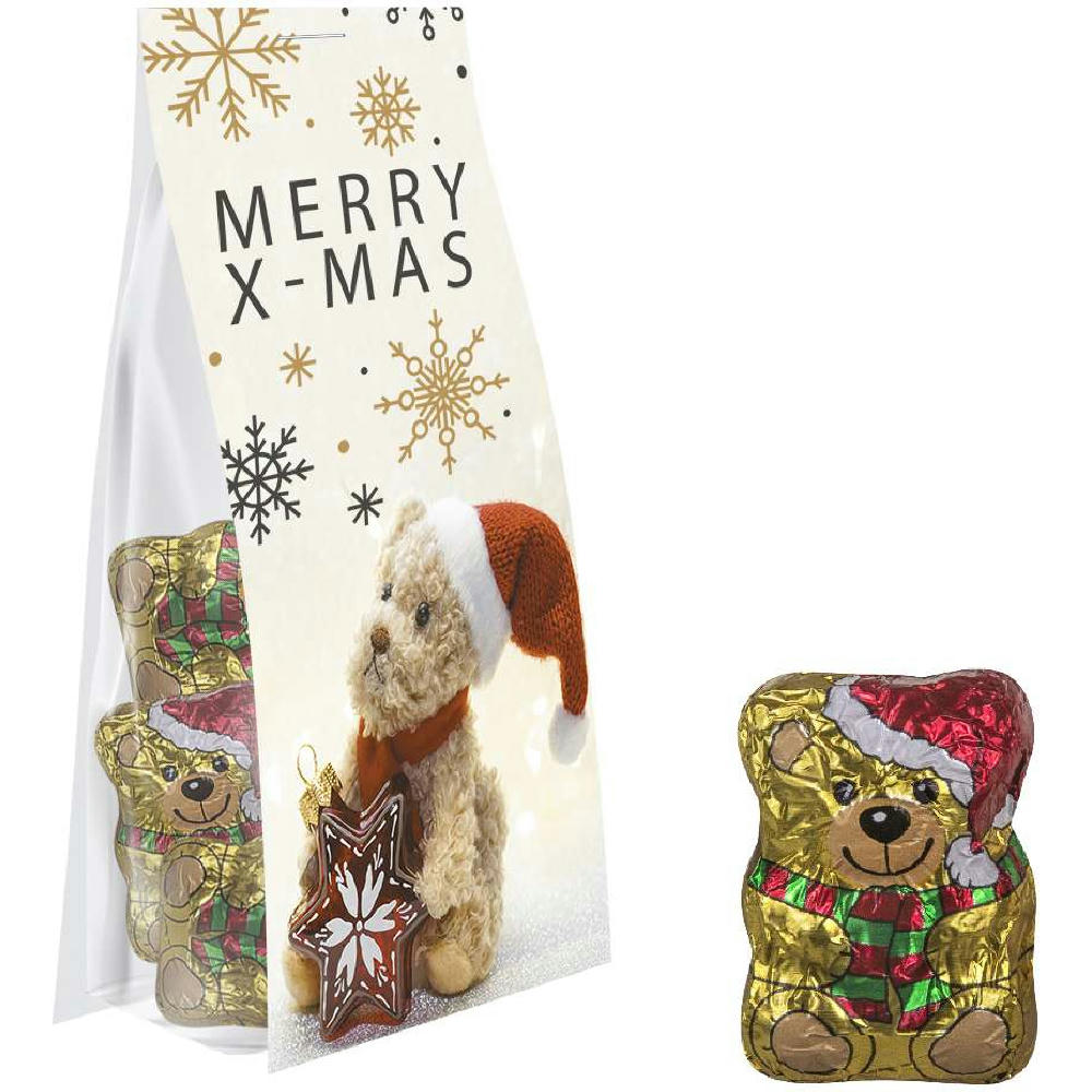 Schoko-Weihnachtsbärchen, ca. 40g, Express Blockbodenbeutel mit Werbereiter