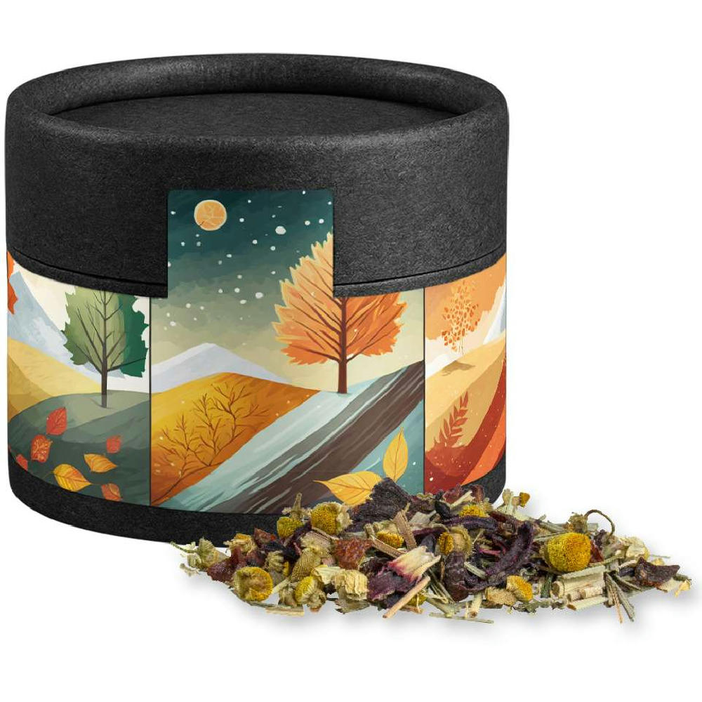 Kräutertee Vierjahreszeiten, ca. 9g, Kraftpapierdose Mini schwarz