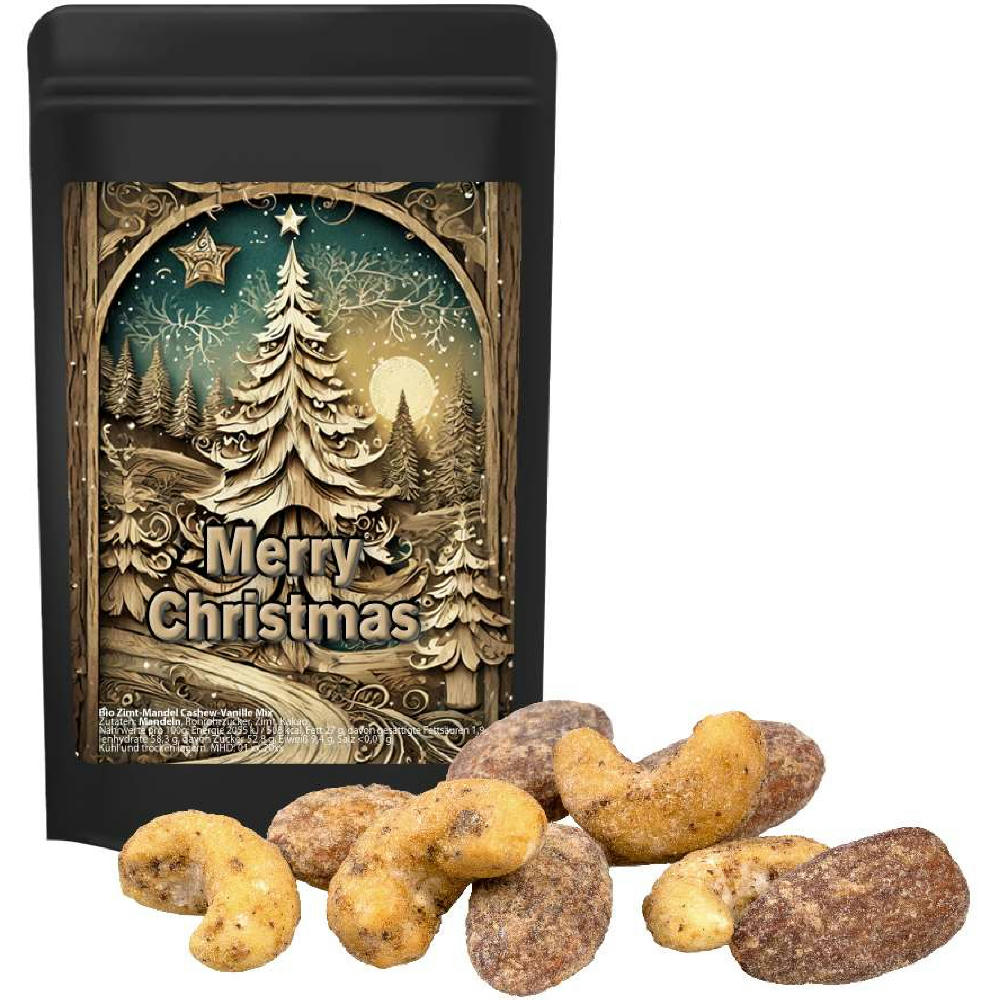 Zimt-Mandel Vanille-Cashew Mix, ca. 30g, Standbeutel Mini schwarz