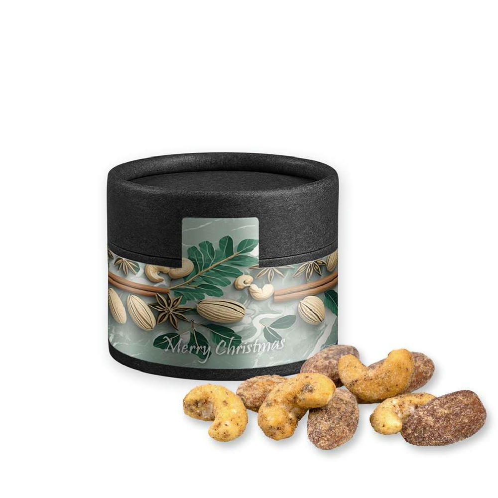Zimt-Mandel Vanille-Cashew Mix, ca. 40g, Kraftpapierdose Mini schwarz