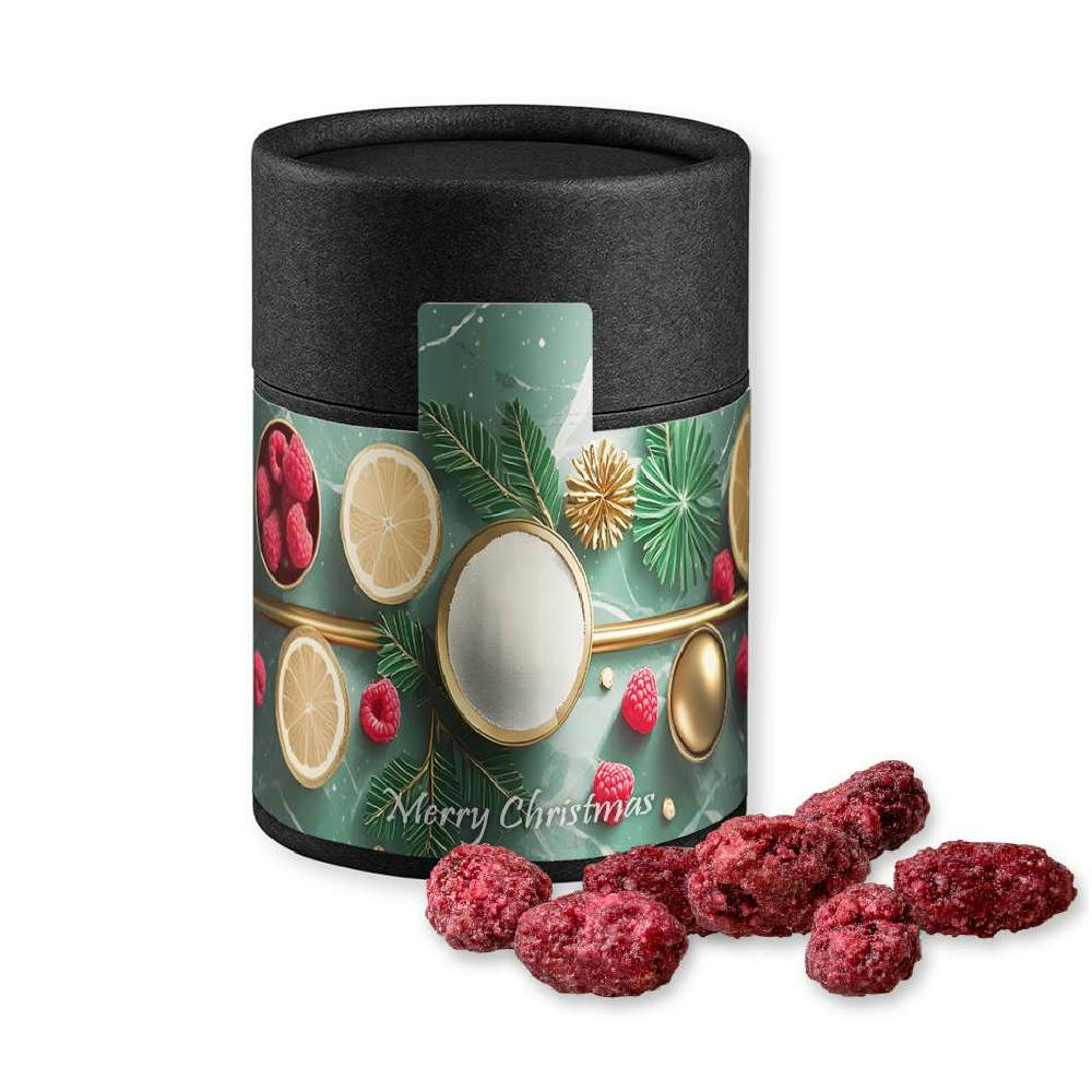 Gebrannte Mandeln Himbeere, ca. 80g, Kraftpapierdose Midi schwarz