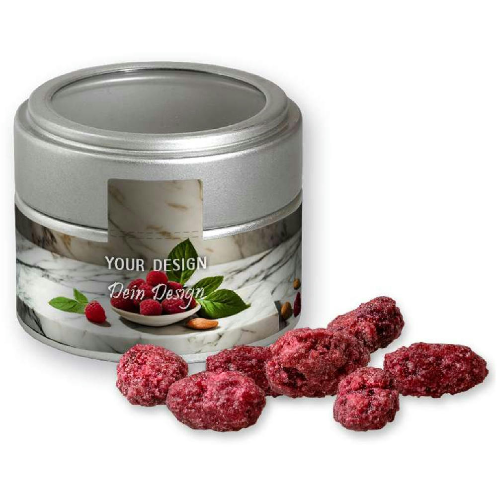 Gebrannte Mandeln Himbeere, ca. 60g, Metalldose Mini mit Sichtfenster silber