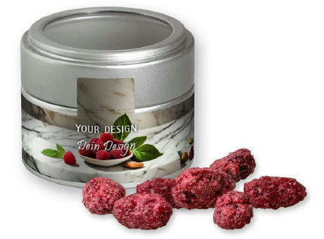 Gebrannte Mandeln Himbeere, ca. 60g, Metalldose Mini mit Sichtfenster silber