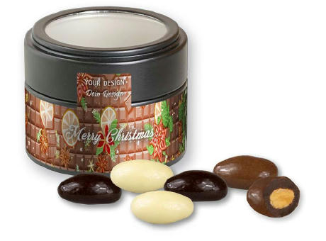 Mandel-Schoko-Trio, ca. 60g, Metalldose Mini mit Sichtfenster schwarz