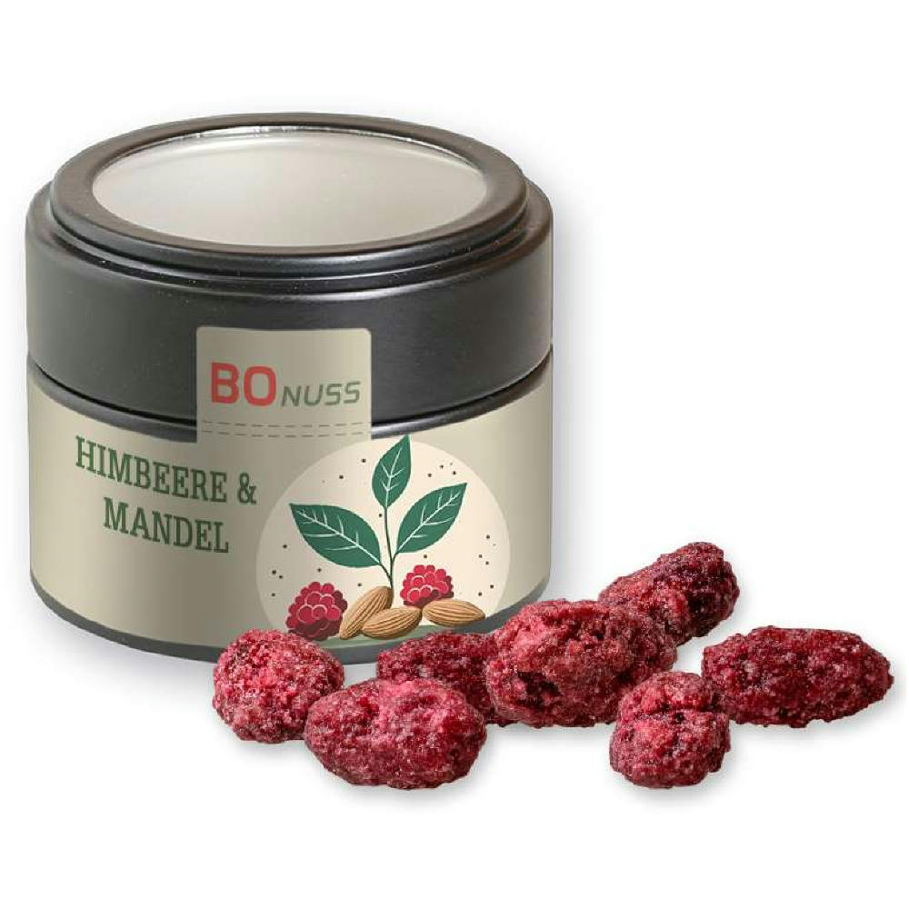 Gebrannte Mandeln Himbeere, ca. 60g, Metalldose Mini mit Sichtfenster schwarz