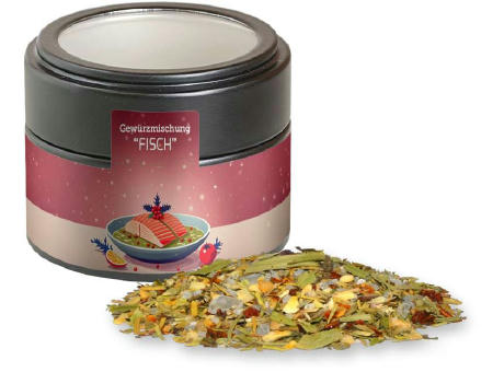 Weihnachts Gewürzmischung Fisch, ca. 55g, Metalldose Mini mit Sichtfenster schwarz