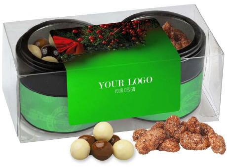 Knusper Weihnachtsset mit feuergebrannten Mandeln und Knusperkugeln im MIx, ca. 105g, Metalldose Mini mit Sichtfenster im 2er Set