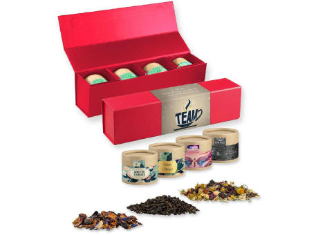 Verschiedene Teesorten, , ca. 60-140g, Geschenk-Set Premium rot mit Magnetverschluss und 4 Kraftpapierdosen Mini