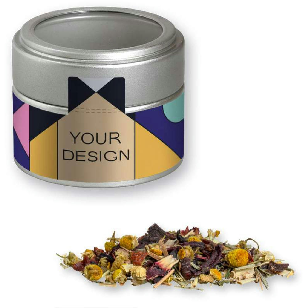 Kräutertee Vierjahreszeiten, ca. 15g, Metalldose Mini mit Sichtfenster silber